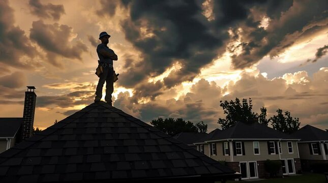 a silhouetted roofer with his arms crossed standing proudly atop the rooftop of a house, the sun glows with a golden hue on the horizon, roofing company advertisement