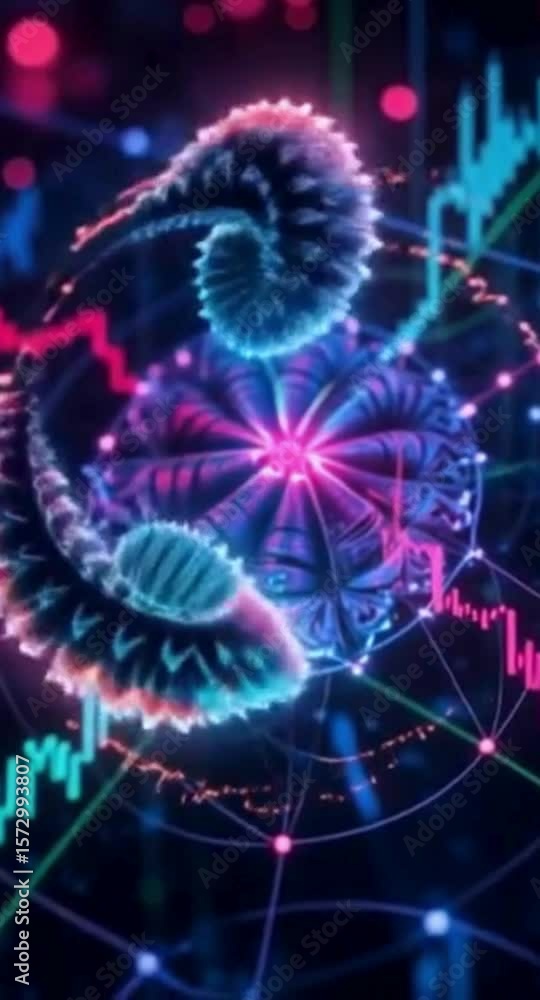 Poster abstract financial data visualization with fractal elements and stock market charts