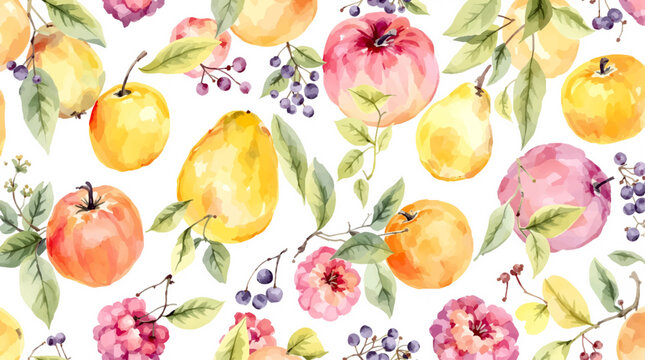 Vibrant watercolor fruits pattern featuring apples pineapple kiwi and blueberries