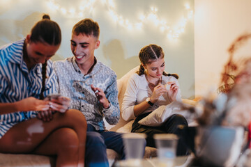 A group of family members having fun and relaxing indoors, creating a cozy and joyful atmosphere....