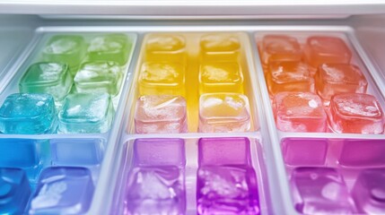 Colorful ice cubes in tray inside freezer compartment, close-up of rainbow frozen cubes