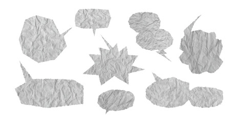 Wrinkled paper speech bubbles set. Abstract vector design for social dialog, cartoon talk, memo, or zine art. Dirty ripped craft cardboard edges ideal for poster or label background.