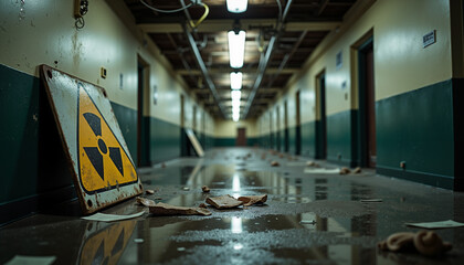Radioactive hazard sign on wet floor in abandoned corridor  