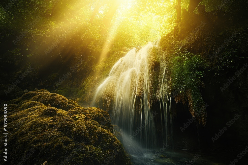Poster sunlight filters through trees to illuminate a tranquil waterfall in a lush forest, sunlight shines 