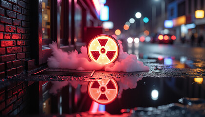 Radioactive hazard sign glowing on deserted road with reflections  