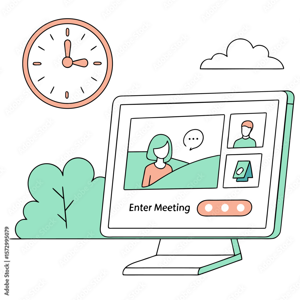 Poster modern flat illustration of a computer screen displaying a video conference with three participants 