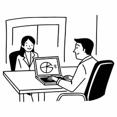 Business team of two executives working together using laptop in office. Happy young business woman manager showing project presentation to mature man client, investor or partner at work meeting.