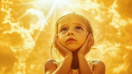 Fototapeta premium Child Gazing at Golden Sunset Sky.