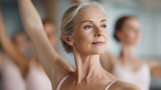 Women of different ages standing in row and training ballet moves. Senior woman ballet class