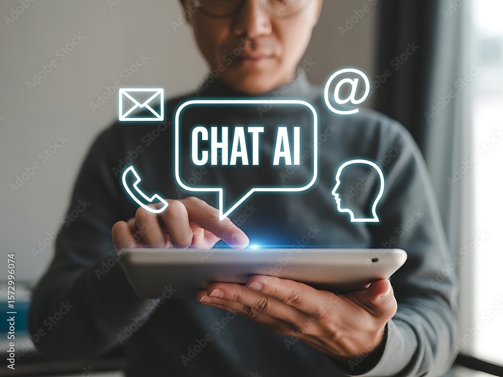 Poster person interacting with artificial intelligence chat interface on tablet technology communication