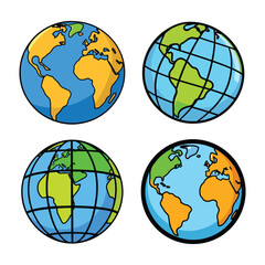 Vector art of four cartoon globes show different views of the earth