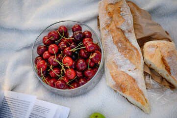 Fresh cherries in a glass bowl and crusty baguette on a soft blanket. Summer picnic setup with...