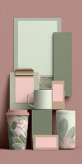 Elegant branding mockup featuring stationery items and a coffee cup on a pastel background