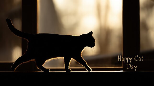 Silhouette of a black cat walking in the golden light of sunset - Powered by Adobe