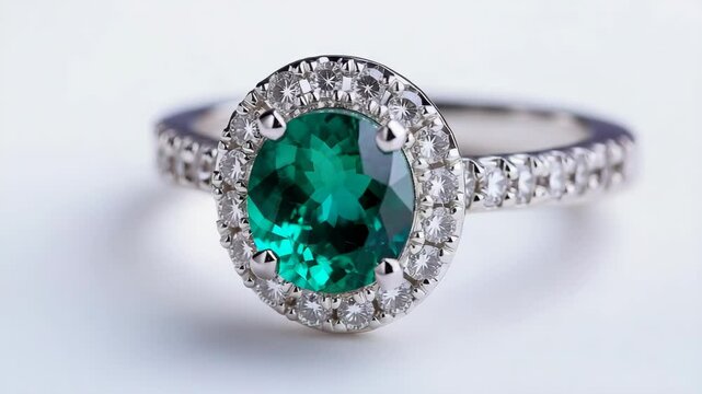 Elegant emerald gemstone ring with diamond halo on delicate band showcase