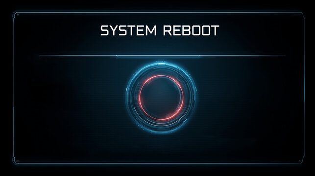 A dark digital screen displays "SYSTEM REBOOT" with a glowing blue and red circular loading animation, representing a futuristic computer or operating system restart.

