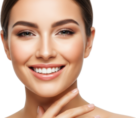 Close up of a smiling woman with flawless skin and bright white teeth her hand gently touching her chin