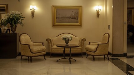 Elegant waiting area with a small sofa and armchairs