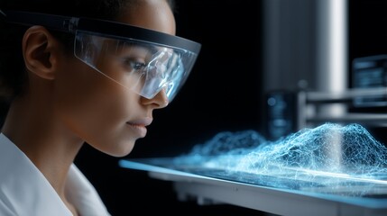 Scientist analyzing holographic terrain data through advanced smart glasses, displaying cutting edge visualization technology within modern research laboratory environment,Laboratory professional
