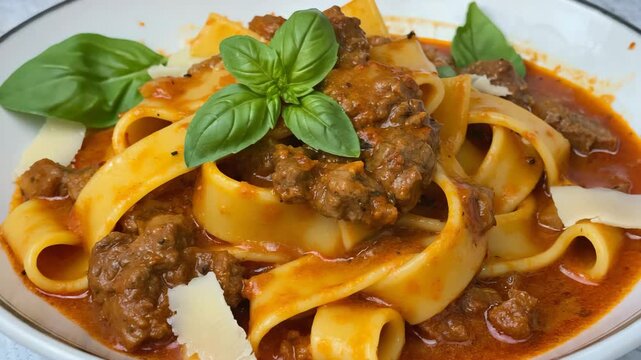 Pappardelle with ragu, Italian pasta, With pappardelle noodles served with rich meat sauce, Deep reds and browns, Soft kitchen lighting, Warm and savory mood
