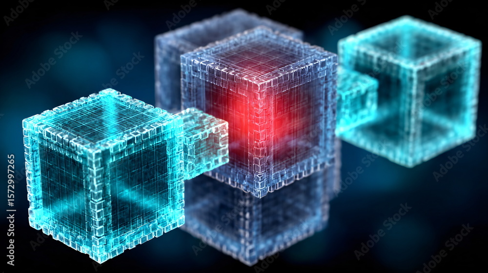 Poster group of interlocking transparent and glowing digital cubes with a red core. futuristic data and inf