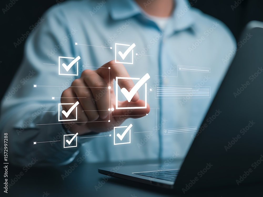 Poster person interacting with digital checklist on screen task completion
