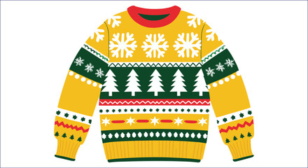 Festive yellow sweater with snowflakes and trees christmas green