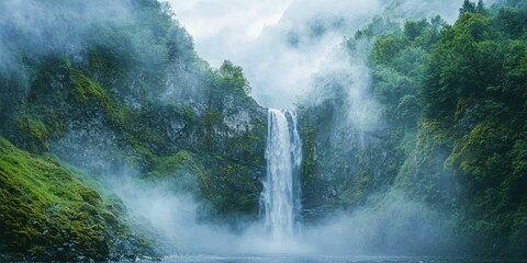 A misty waterfall shrouded in early morning fog