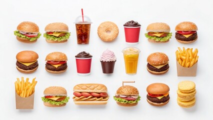 Flatlay of assorted burgers, fries, soda, and sweet treats; vibrant, appetizing fast food arrangement.