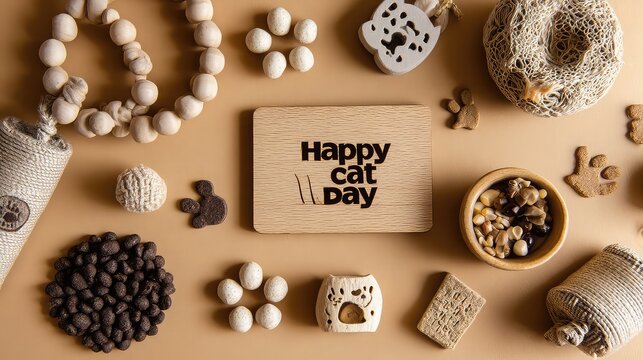 Happy cat day celebration with toys and treats for feline friends - Powered by Adobe