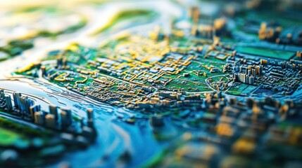 Artistic aerial depiction of a fictional metropolis blending green urban landscapes with waterways, showcasing miniature skyscrapers, and detailed city planning in a stylized abstract manner