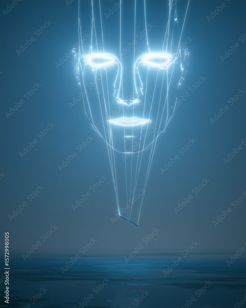 Poster title: artificial intelligence concept showing two digital human heads facing each other, representi