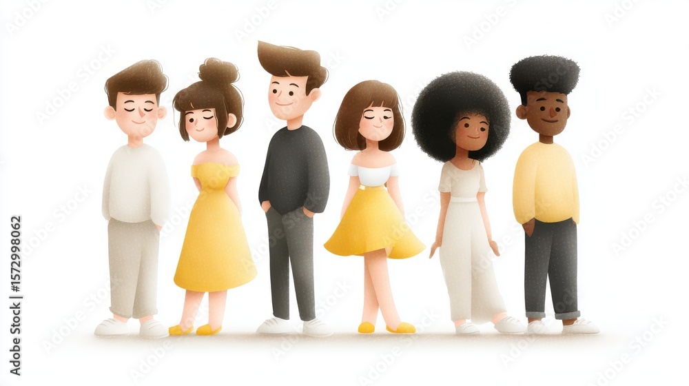 Poster creative problem solving diverse group of stylized characters in trendy outfits on a minimalist back