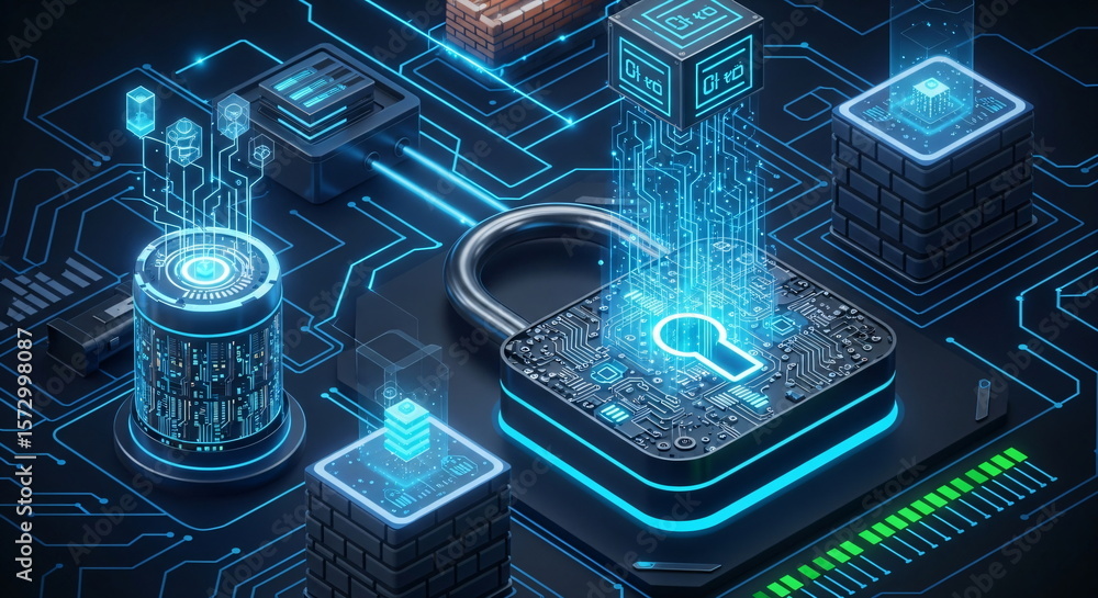 Aufkleber digital padlock with glowing circuit board keyhole. cyber security data protection concept for onlin