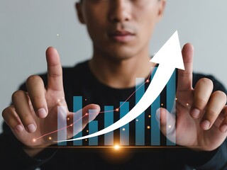 Person interacting with digital financial growth chart with upward arrow business finance