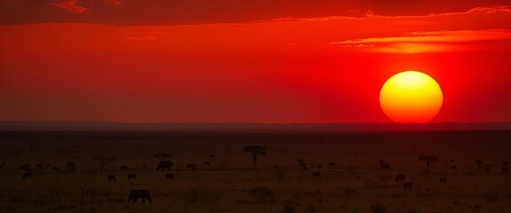 Fiery orange sunset paints African savanna, huge yellow sun dominates horizon,  stock photo,  beautiful