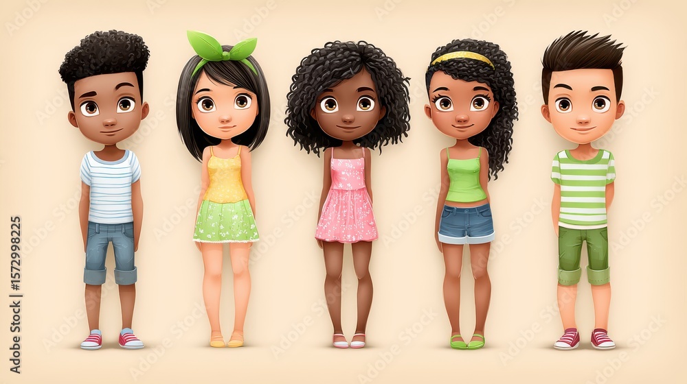 Poster creative problem solving colorful cartoon characters in stylish summer outfits displaying friendship