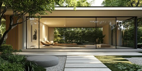 A modern minimalist home with large glass walls and a serene Zen garden