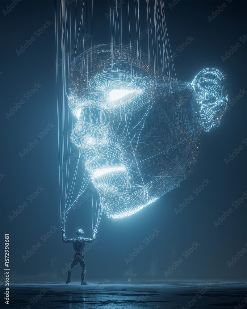 Poster title: artificial intelligence concept showing two digital human heads facing each other, representi