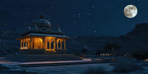 A moonlit Jain temple glowing in the desert
