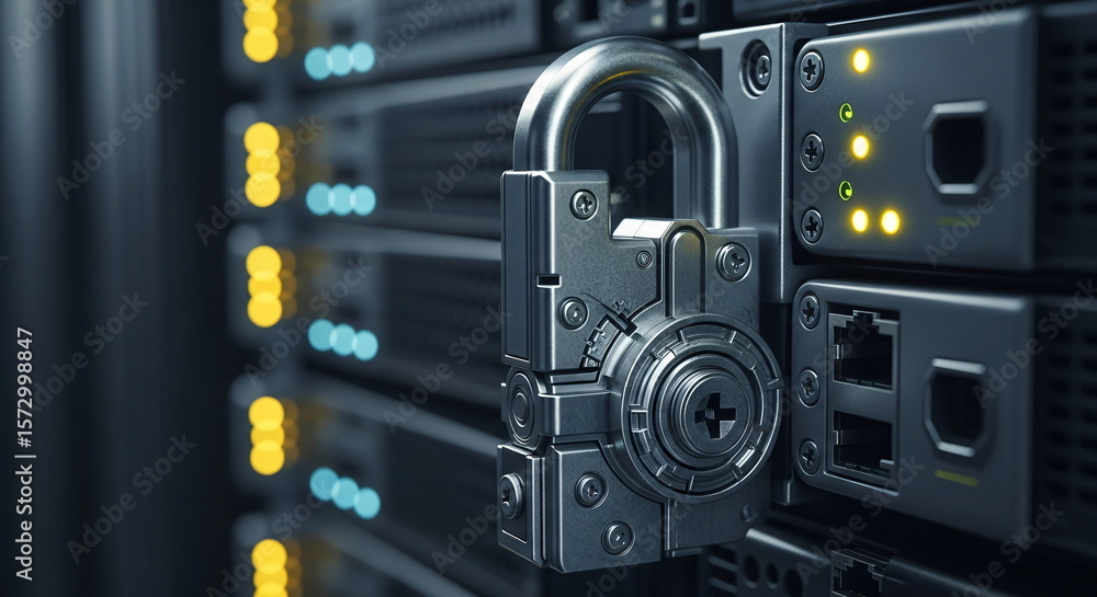 Poster abstract metal padlock on a server rack. digital data security and information protection concept. c