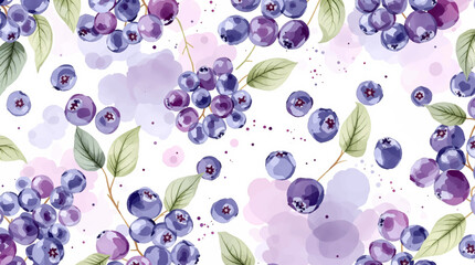 Watercolor Blueberries Pattern With Purple And Pink Berries And Green Leaves For Background Design