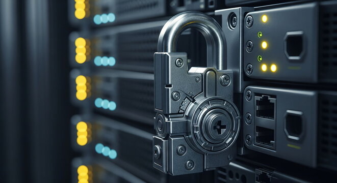Abstract metal padlock on a server rack. Digital data security and information protection concept. Cybersecurity system access. - Powered by Adobe