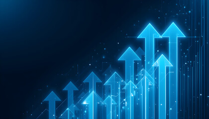 Futuristic digital background with glowing blue arrows pointing upward, symbolizing growth, success, innovation, and technology progress in a high-tech virtual environment.