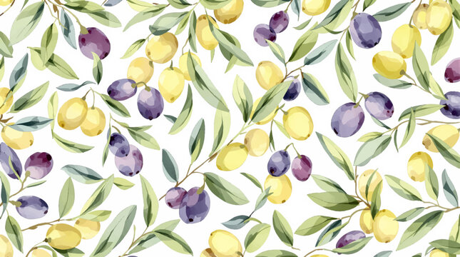Watercolor Olive Branch Pattern With Purple Olives And Green Leaves On Light Background