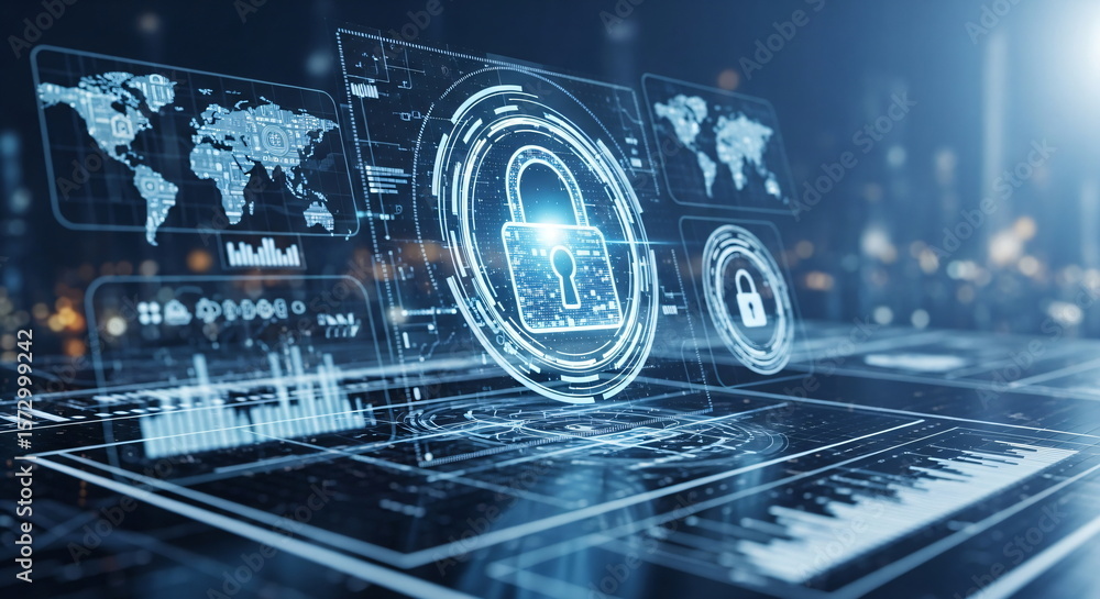 Poster digital padlock on abstract screen with world map, charts, and data network. concept of global inter