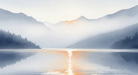 Whispers of the Mountain – Misty Watercolor Scene of Sunrise Solitude