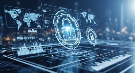 Digital padlock on abstract screen with world map, charts, and data network. Concept of global internet security and privacy.