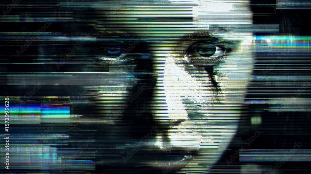 Poster a distorted human face with digital glitch effects and pixelation, representing artificial intellige