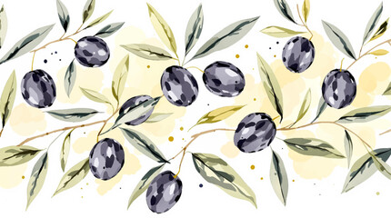 Watercolor Olive Branch Pattern With Purple Olives And Green Leaves On Light Background